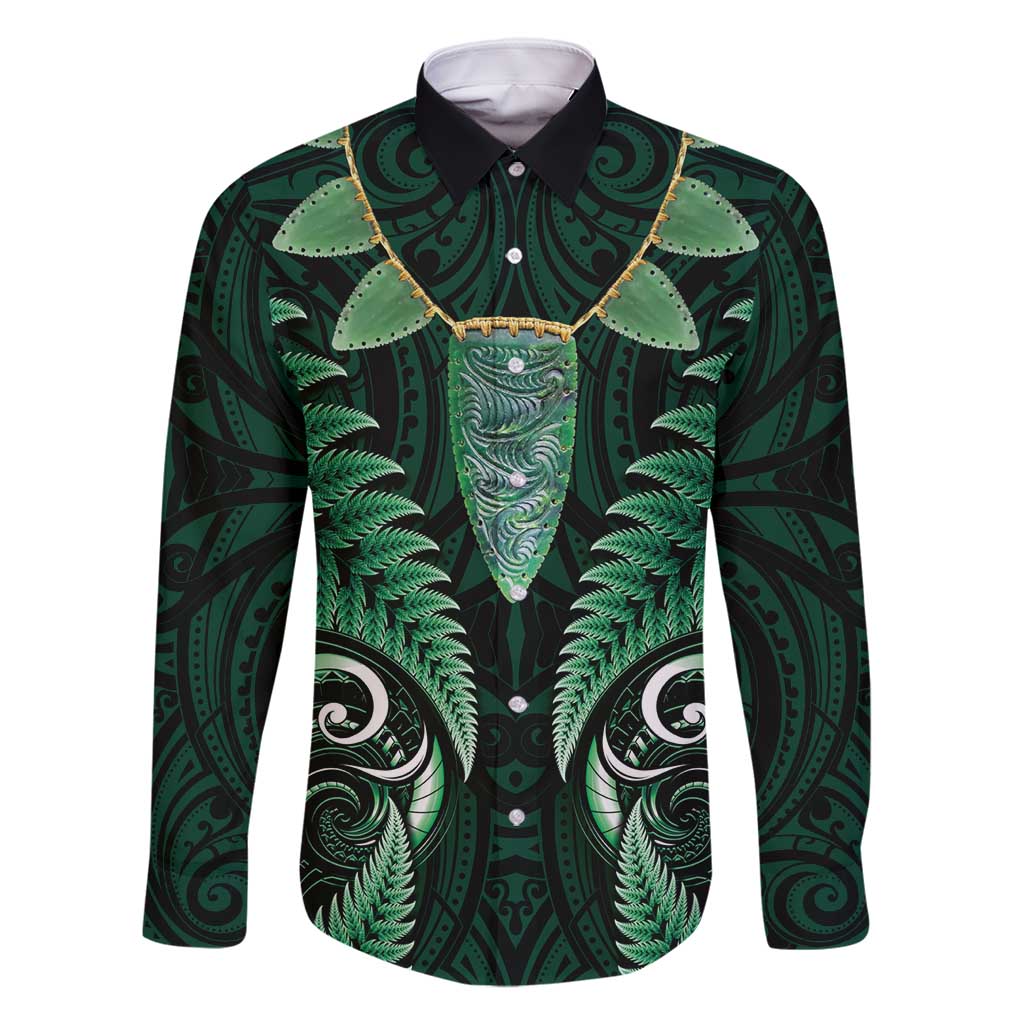 Aotearoa Pounamu Niho Family Matching Long Sleeve Bodycon Dress and Hawaiian Shirt Silver Fern Mix Maori Pattern - Green LT14 Dad's Shirt - Long Sleeve Green - Polynesian Pride