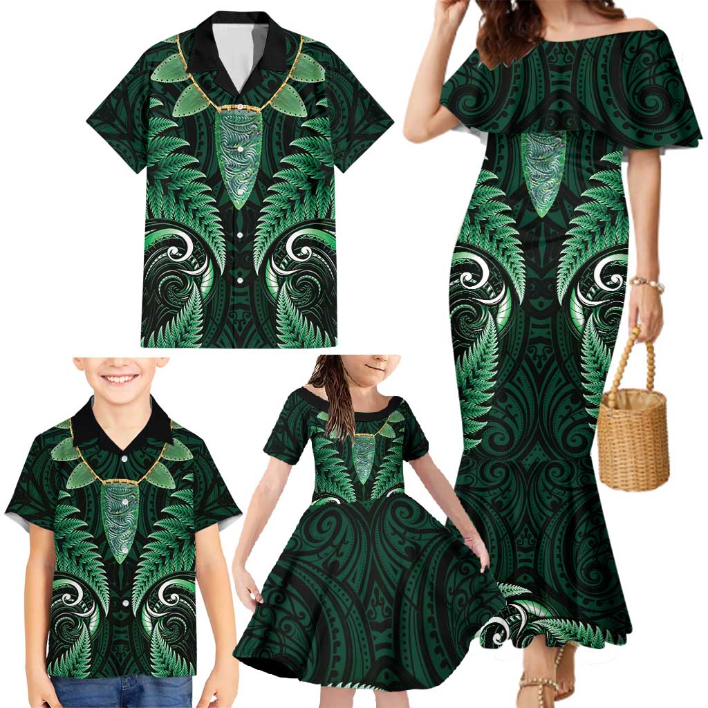 Aotearoa Pounamu Niho Family Matching Mermaid Dress and Hawaiian Shirt Silver Fern Mix Maori Pattern - Green LT14 - Polynesian Pride