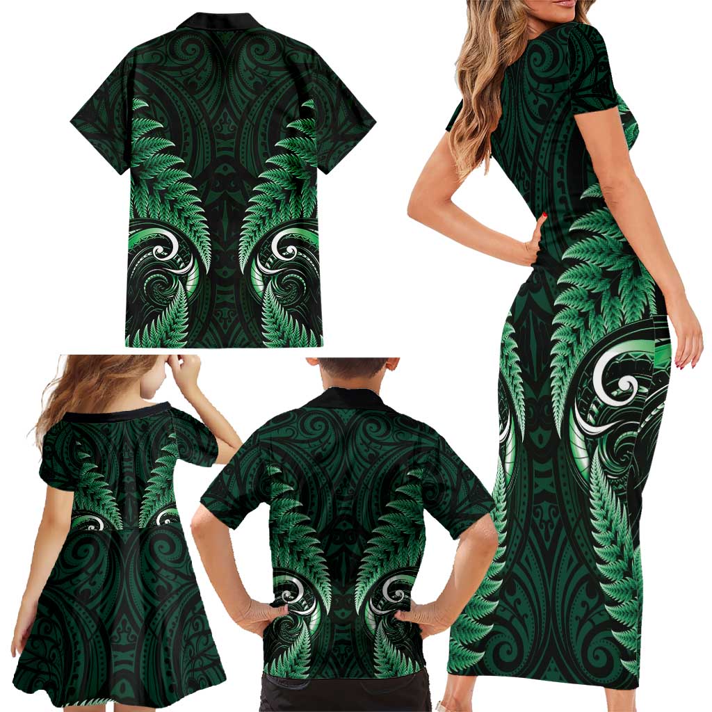 Aotearoa Pounamu Niho Family Matching Short Sleeve Bodycon Dress and Hawaiian Shirt Silver Fern Mix Maori Pattern - Green LT14 - Polynesian Pride