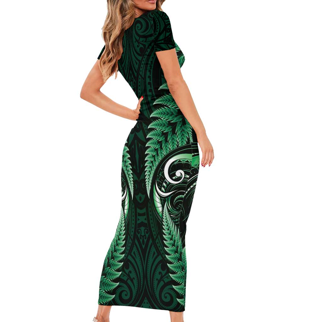 Aotearoa Pounamu Niho Family Matching Short Sleeve Bodycon Dress and Hawaiian Shirt Silver Fern Mix Maori Pattern - Green LT14 - Polynesian Pride