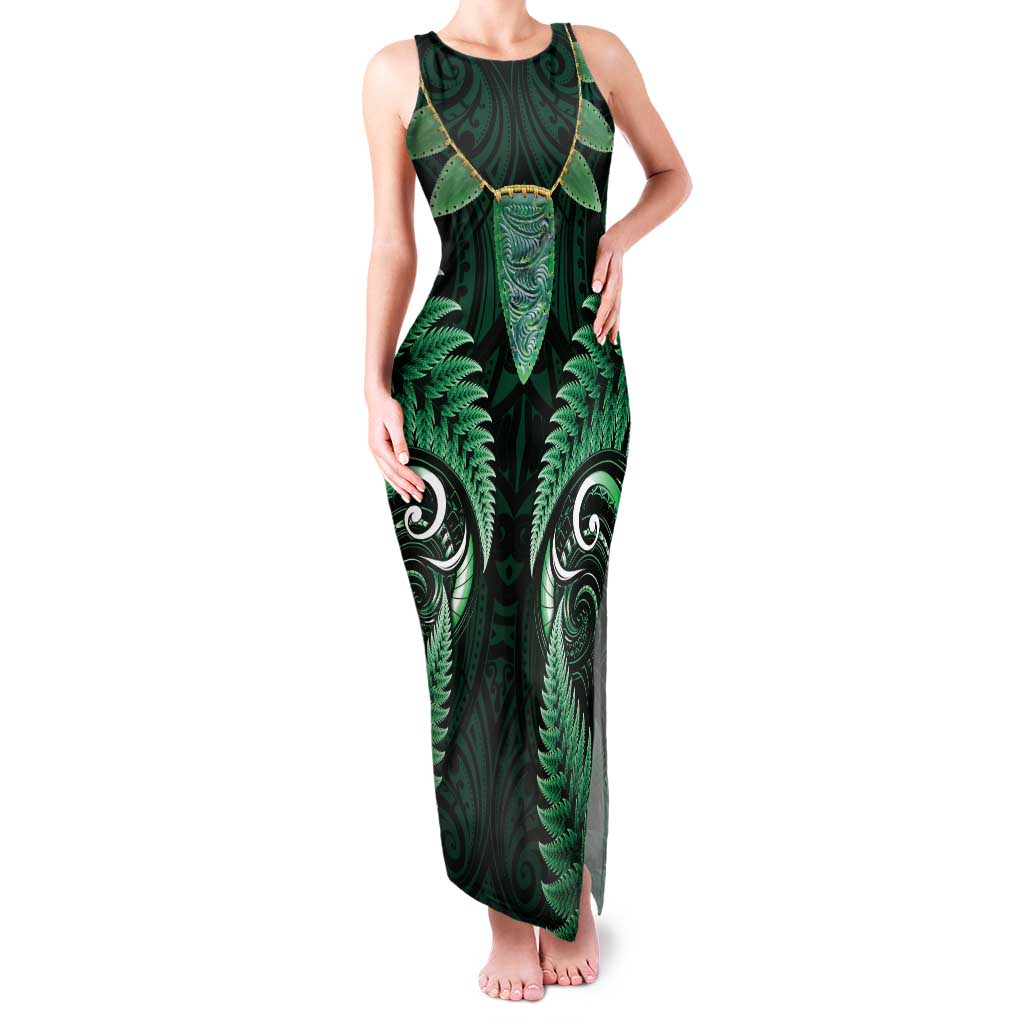Aotearoa Pounamu Niho Family Matching Tank Maxi Dress and Hawaiian Shirt Silver Fern Mix Maori Pattern - Green