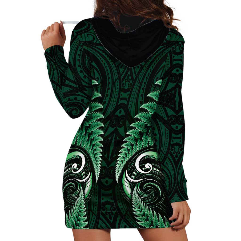Aotearoa Pounamu Niho Hoodie Dress Silver Fern Mix Maori Pattern - Green