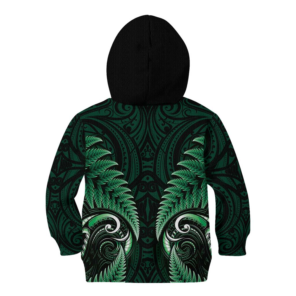 Aotearoa Pounamu Niho Kid Hoodie Silver Fern Mix Maori Pattern - Green