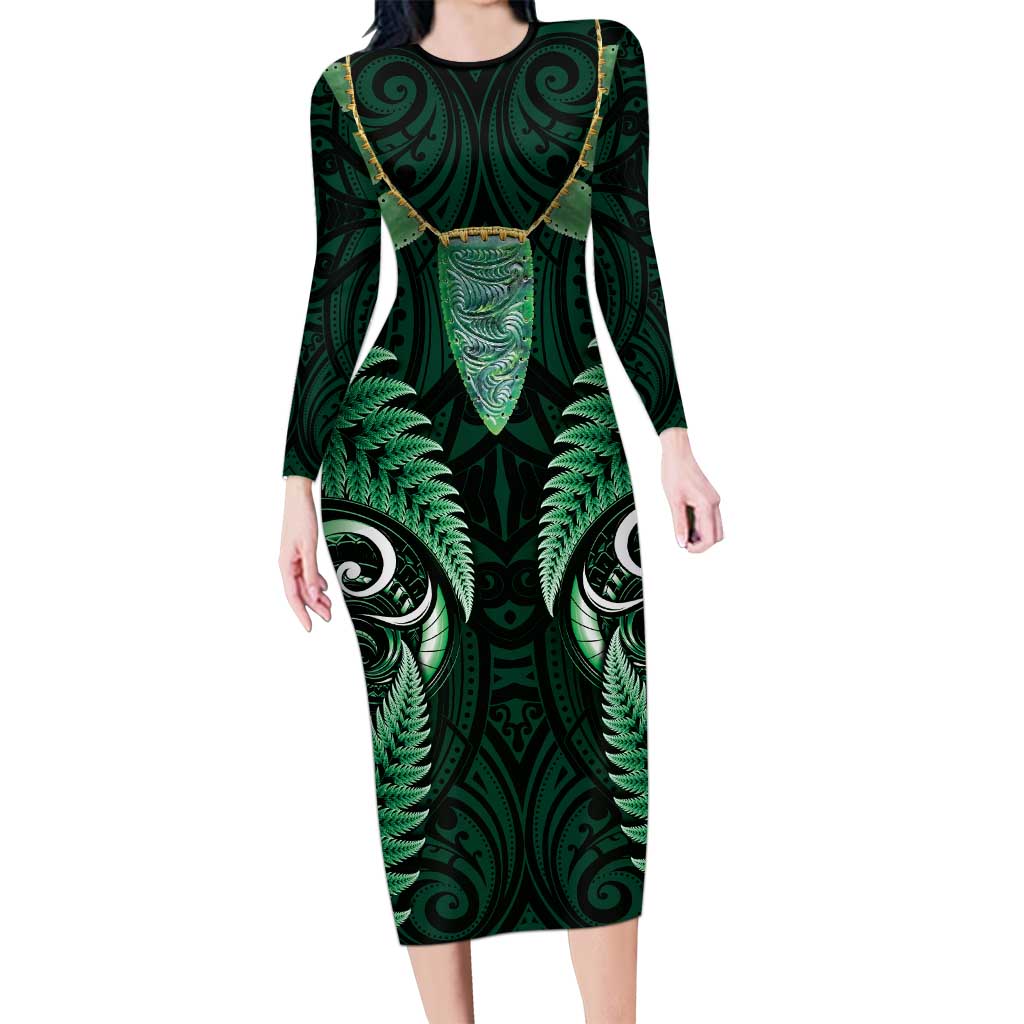 Aotearoa Pounamu Niho Long Sleeve Bodycon Dress Silver Fern Mix Maori Pattern - Green