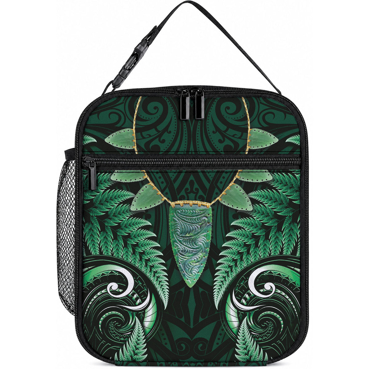 Aotearoa Pounamu Niho Lunch Bag Silver Fern Mix Maori Pattern - Green LT14 10.2 × 8.3 × 4.3 inch Green - Polynesian Pride