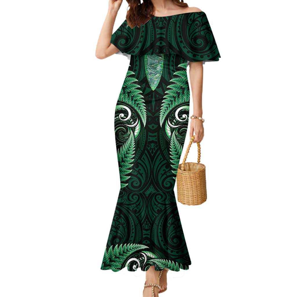 Aotearoa Pounamu Niho Mermaid Dress Silver Fern Mix Maori Pattern - Green LT14 Women Green - Polynesian Pride