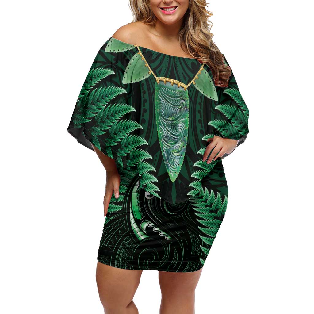 Aotearoa Pounamu Niho Off Shoulder Short Dress Silver Fern Mix Maori Pattern - Green