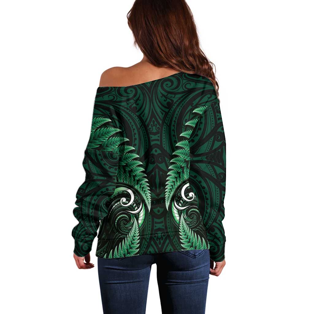 Aotearoa Pounamu Niho Off Shoulder Sweater Silver Fern Mix Maori Pattern - Green