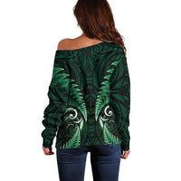 Aotearoa Pounamu Niho Off Shoulder Sweater Silver Fern Mix Maori Pattern - Green