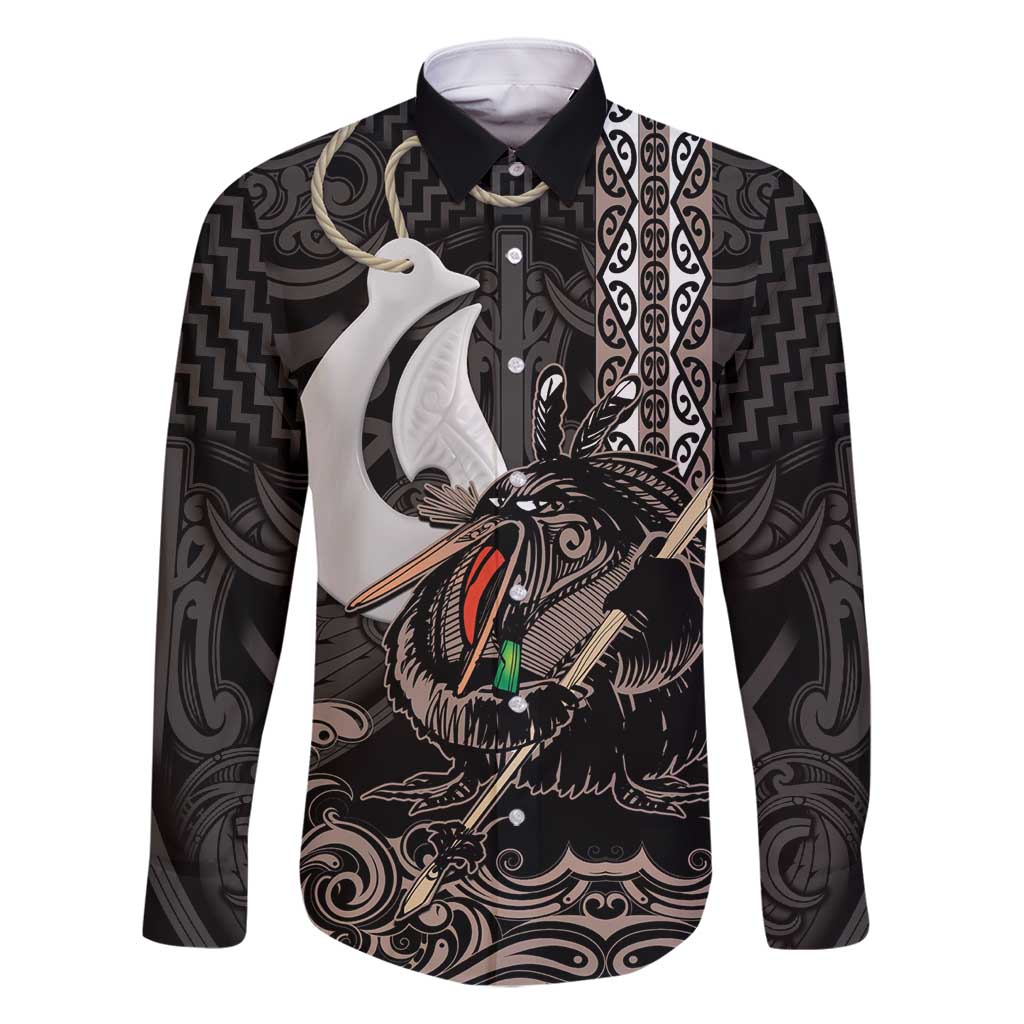 Aotearoa Hei Matau Family Matching Mermaid Dress and Hawaiian Shirt Haka Kiwi Mix Maori Mangopare LT14 Dad's Shirt - Long Sleeve Black - Polynesian Pride