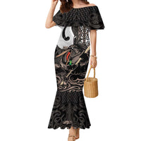 Aotearoa Hei Matau Family Matching Mermaid Dress and Hawaiian Shirt Haka Kiwi Mix Maori Mangopare LT14 Mom's Dress Black - Polynesian Pride