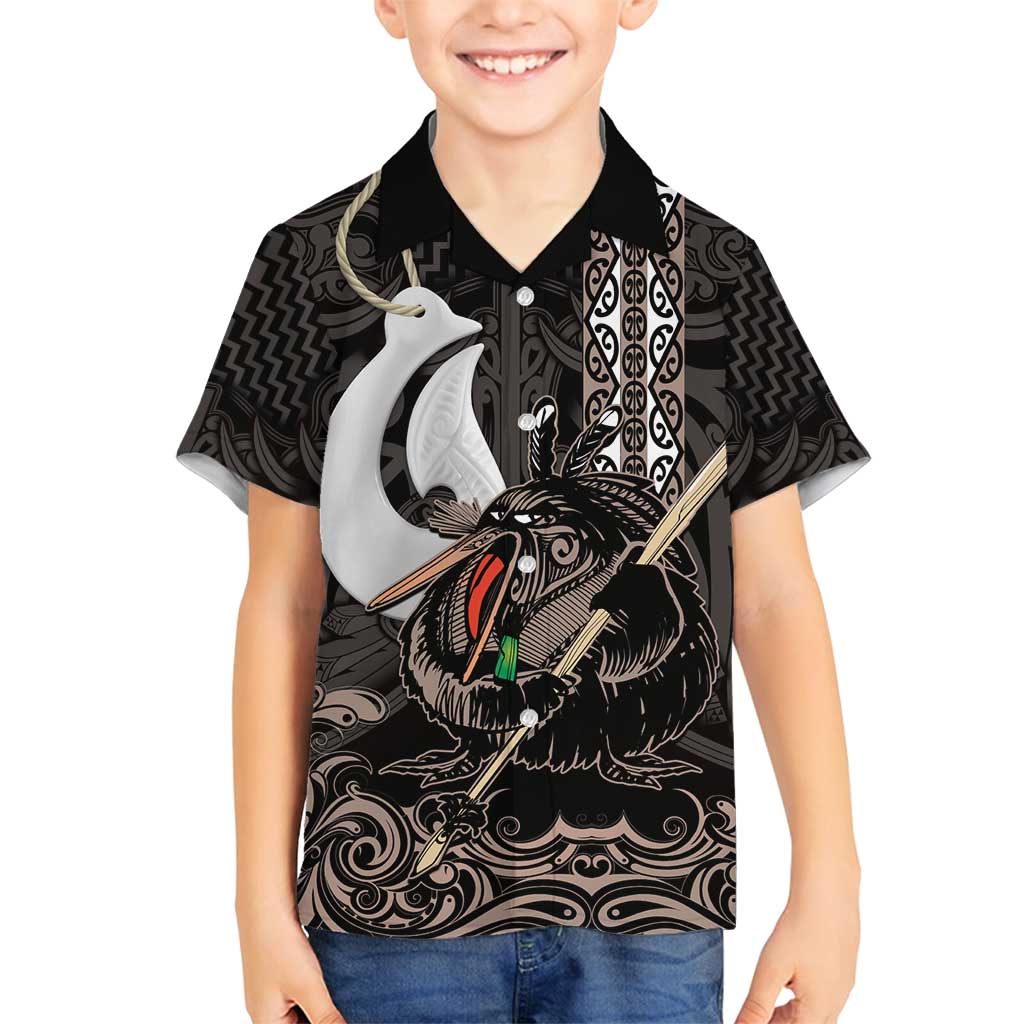 Aotearoa Hei Matau Family Matching Puletasi and Hawaiian Shirt Haka Kiwi Mix Maori Mangopare LT14 Son's Shirt Black - Polynesian Pride