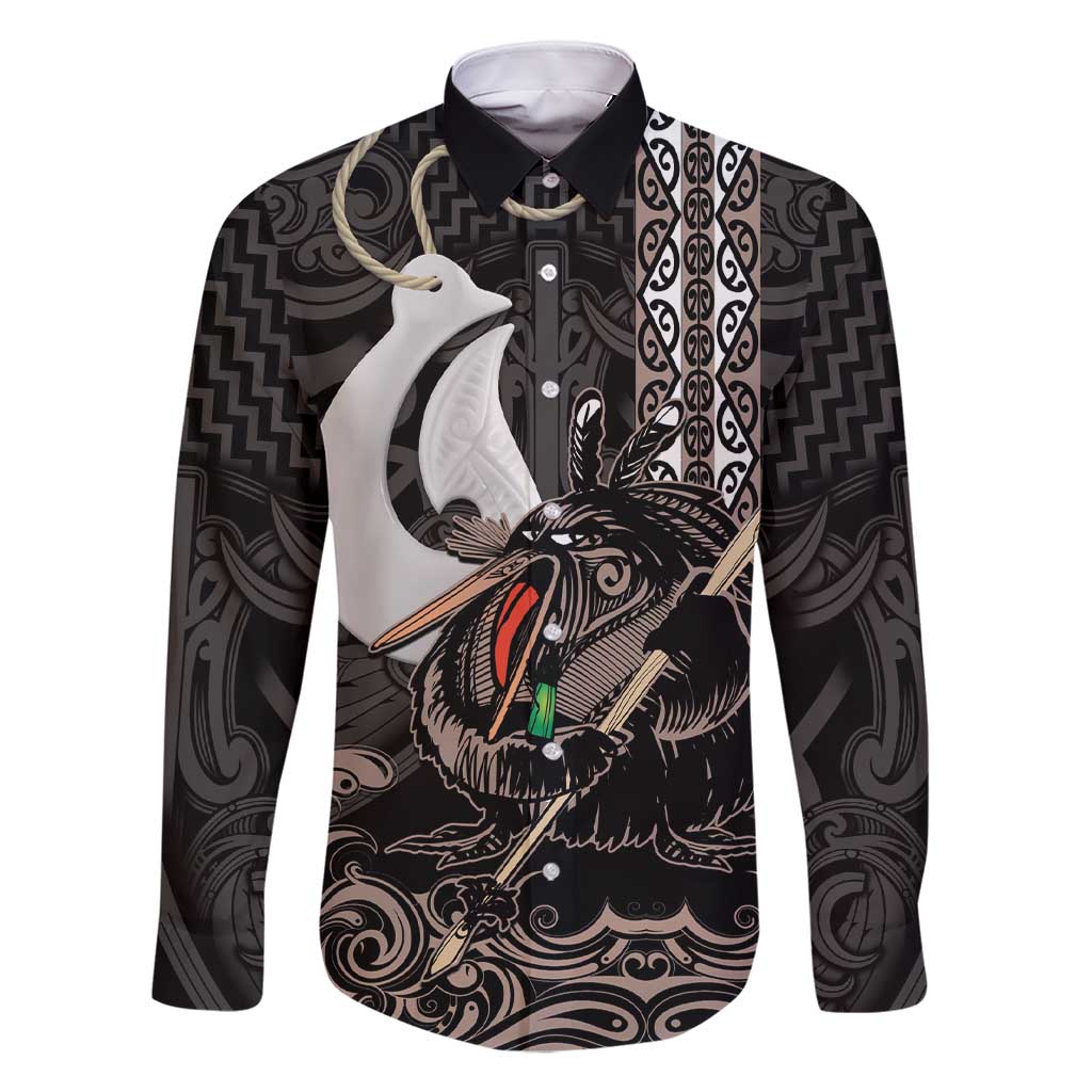 Aotearoa Hei Matau Family Matching Short Sleeve Bodycon Dress and Hawaiian Shirt Haka Kiwi Mix Maori Mangopare LT14 Dad's Shirt - Long Sleeve Black - Polynesian Pride