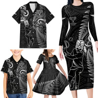 New Zealand Tiki Tennis Family Matching Long Sleeve Bodycon Dress and Hawaiian Shirt 2024 Aotearoa Tenehi Maori Silver Fern - Black LT14 - Polynesian Pride