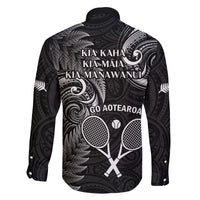 New Zealand Tiki Tennis Family Matching Off Shoulder Long Sleeve Dress and Hawaiian Shirt 2024 Aotearoa Tenehi Maori Silver Fern - Black LT14 - Polynesian Pride