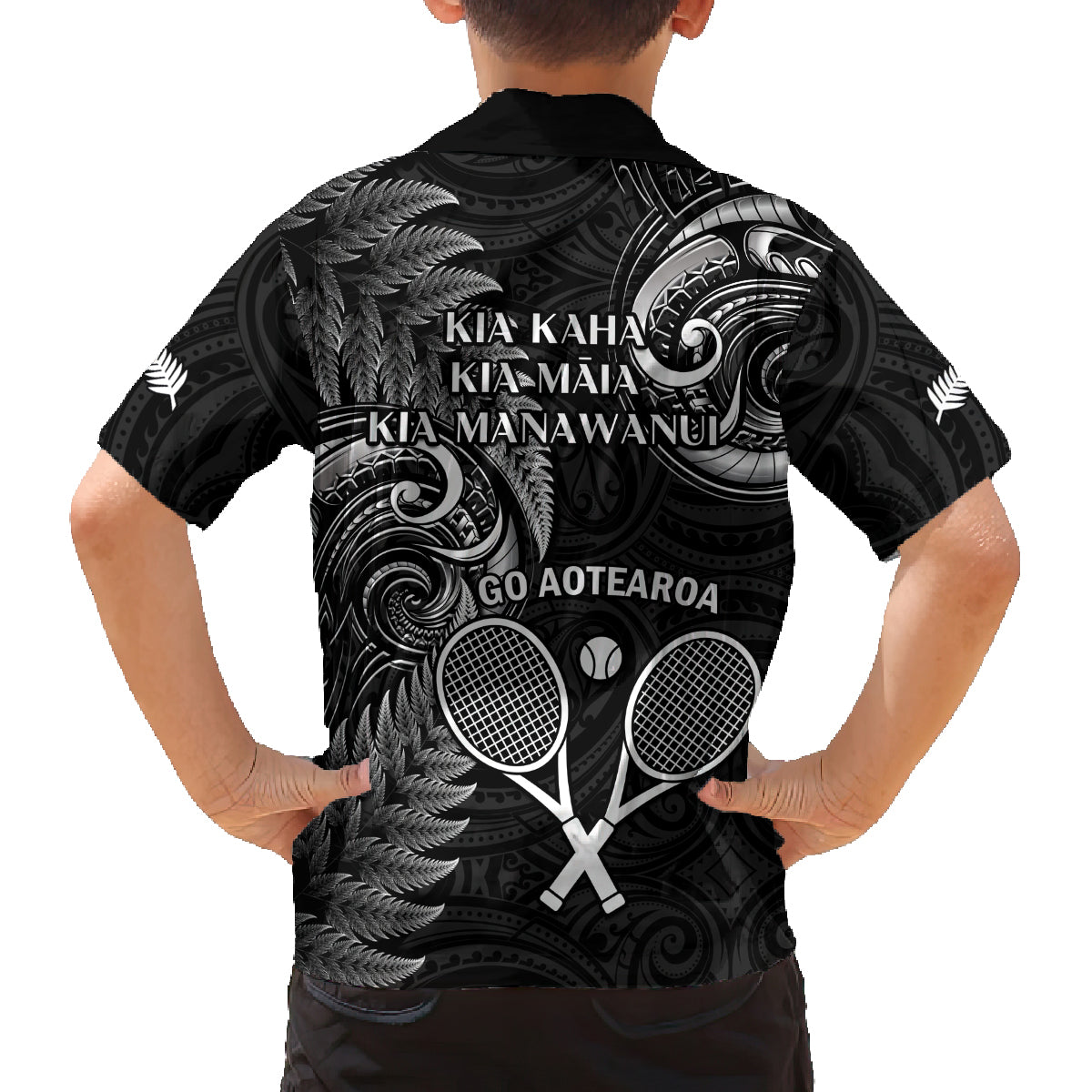 New Zealand Tiki Tennis Family Matching Off Shoulder Short Dress and Hawaiian Shirt 2024 Aotearoa Tenehi Maori Silver Fern - Black LT14 - Polynesian Pride