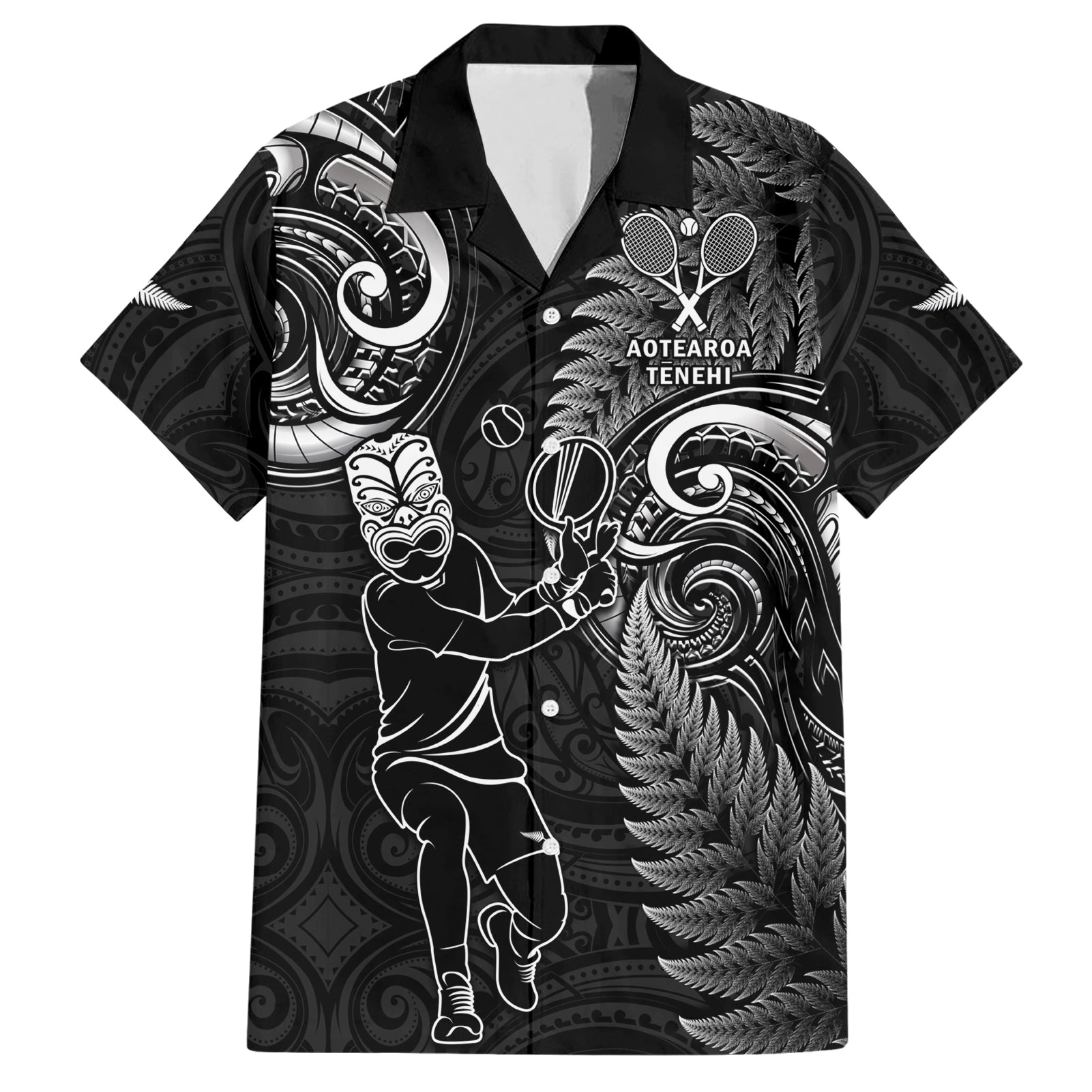 New Zealand Tiki Tennis Hawaiian Shirt 2024 Aotearoa Tenehi Maori Silver Fern - Black LT14 Black - Polynesian Pride