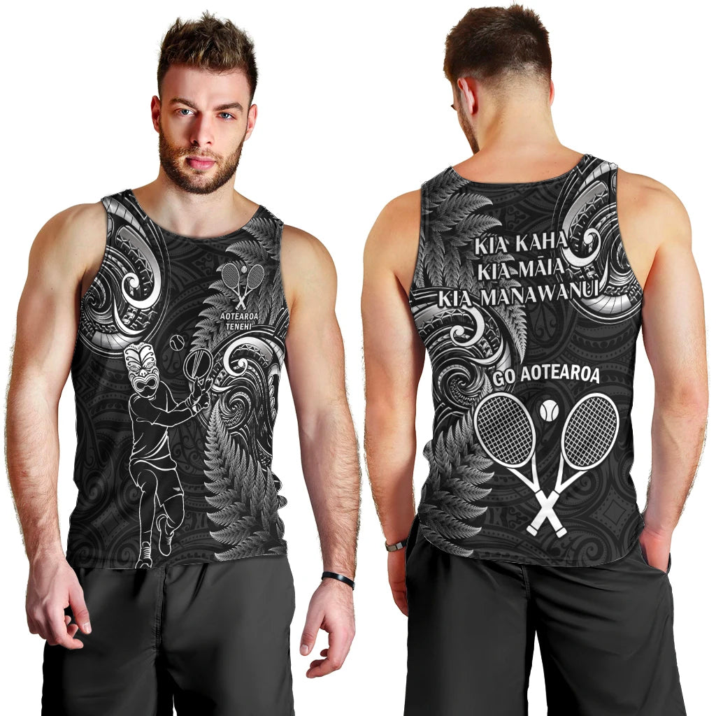 New Zealand Tiki Tennis Men Tank Top 2024 Aotearoa Tenehi Maori Silver Fern - Black LT14 - Polynesian Pride