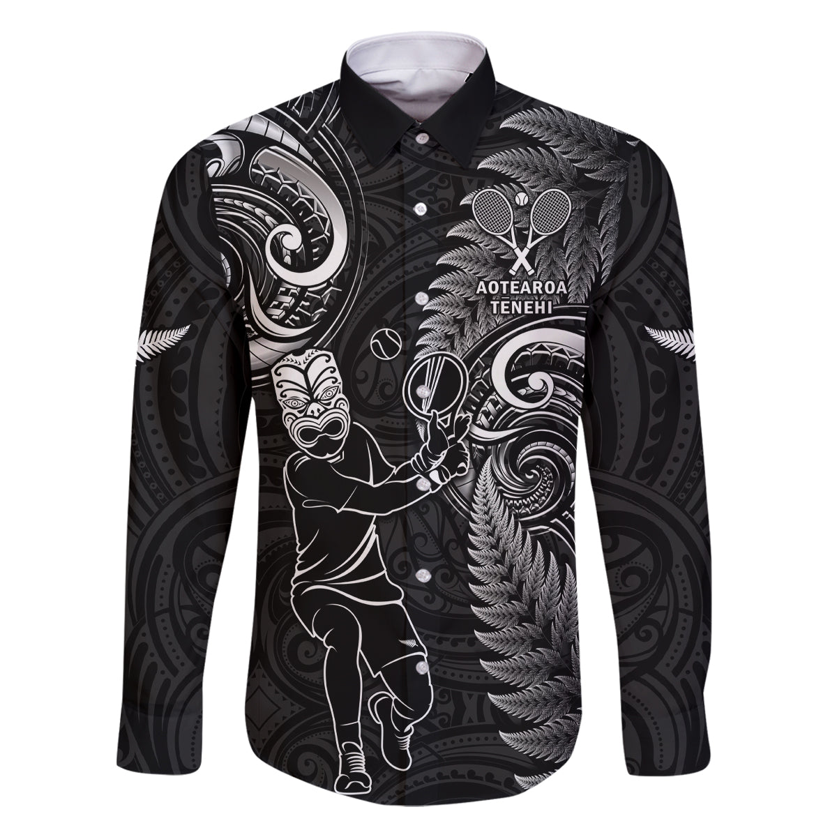 Custom New Zealand Tiki Tennis Family Matching Mermaid Dress and Hawaiian Shirt 2024 Aotearoa Tenehi Maori Silver Fern - Black LT14 Dad's Shirt - Long Sleeve Black - Polynesian Pride