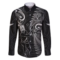 Custom New Zealand Tiki Tennis Family Matching Off Shoulder Long Sleeve Dress and Hawaiian Shirt 2024 Aotearoa Tenehi Maori Silver Fern - Black LT14 Dad's Shirt - Long Sleeve Black - Polynesian Pride