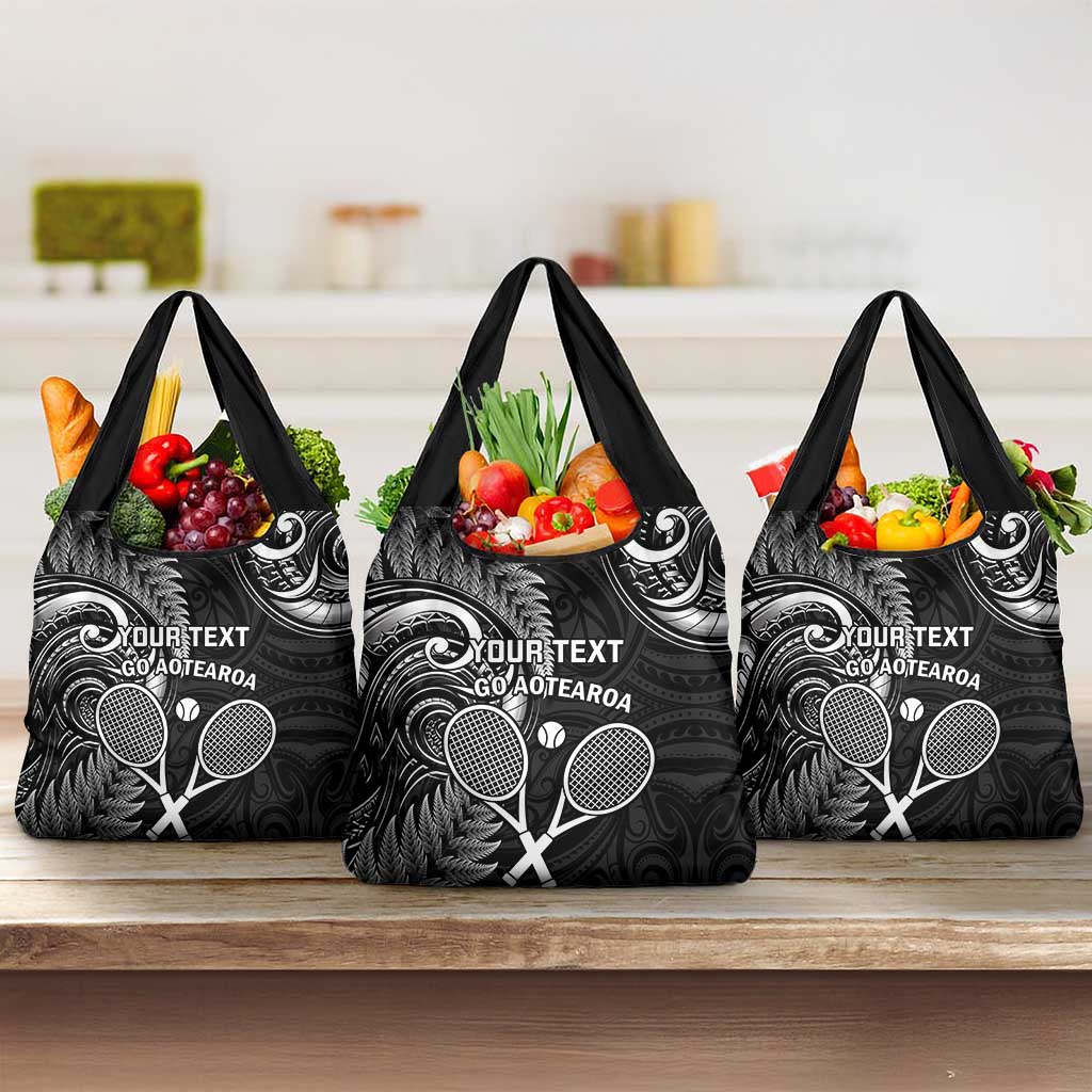 Custom New Zealand Tiki Tennis Grocery Bag Aotearoa Tenehi Maori Silver Fern - Black