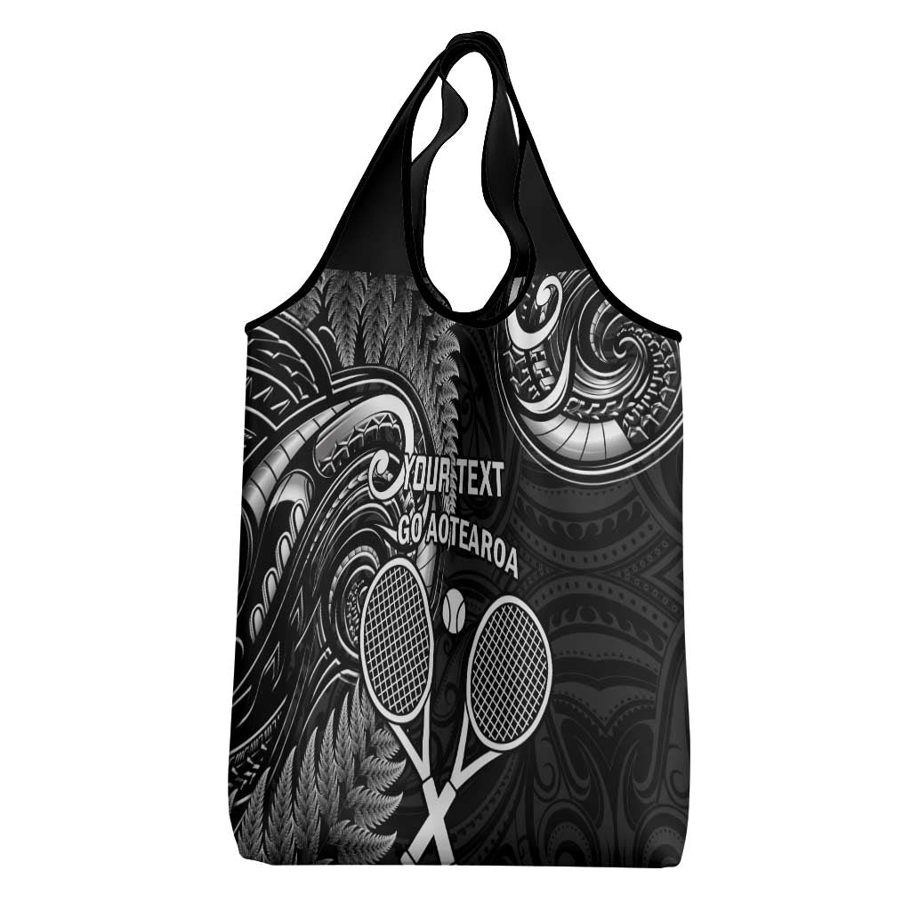Custom New Zealand Tiki Tennis Grocery Bag Aotearoa Tenehi Maori Silver Fern - Black