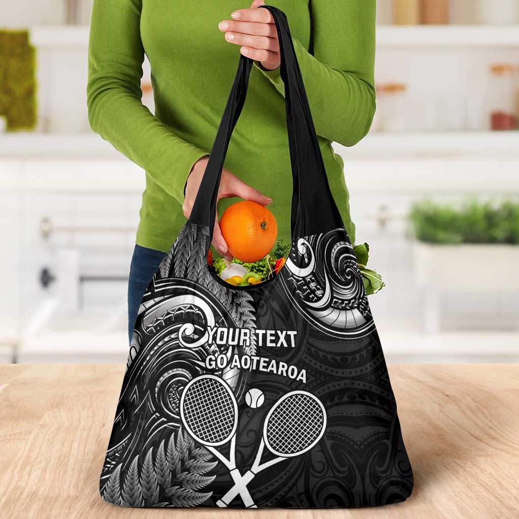 Custom New Zealand Tiki Tennis Grocery Bag Aotearoa Tenehi Maori Silver Fern - Black