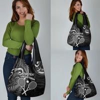 Custom New Zealand Tiki Tennis Grocery Bag Aotearoa Tenehi Maori Silver Fern - Black