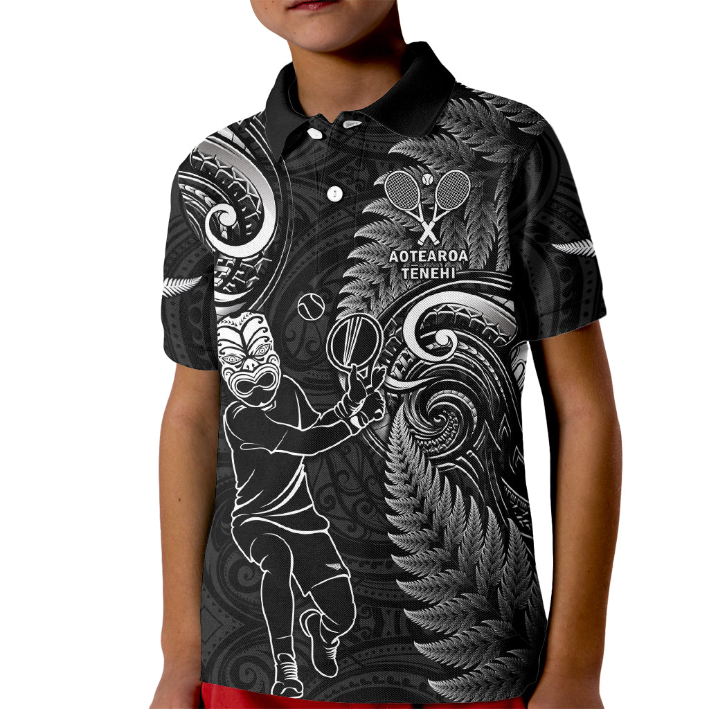 Custom New Zealand Tiki Tennis Kid Polo Shirt 2024 Aotearoa Tenehi Maori Silver Fern - Black LT14 Kid Black - Polynesian Pride