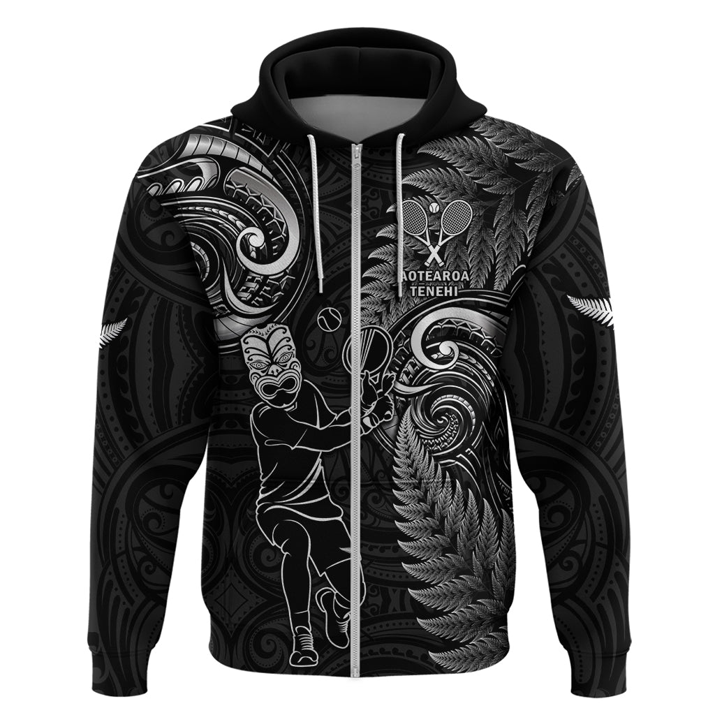 Custom New Zealand Tiki Tennis Zip Hoodie 2024 Aotearoa Tenehi Maori Silver Fern - Black LT14 Zip Hoodie Black - Polynesian Pride