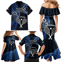 New Zealand Tiki Tennis Family Matching Mermaid Dress and Hawaiian Shirt 2024 Aotearoa Tenehi Maori Silver Fern - Blue LT14 - Polynesian Pride