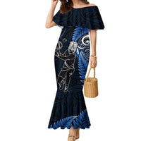 New Zealand Tiki Tennis Family Matching Mermaid Dress and Hawaiian Shirt 2024 Aotearoa Tenehi Maori Silver Fern - Blue LT14 Mom's Dress Blue - Polynesian Pride