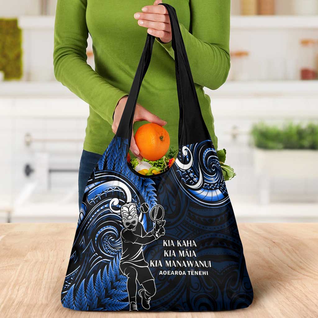 New Zealand Tiki Tennis Grocery Bag Aotearoa Tenehi Maori Silver Fern - Blue