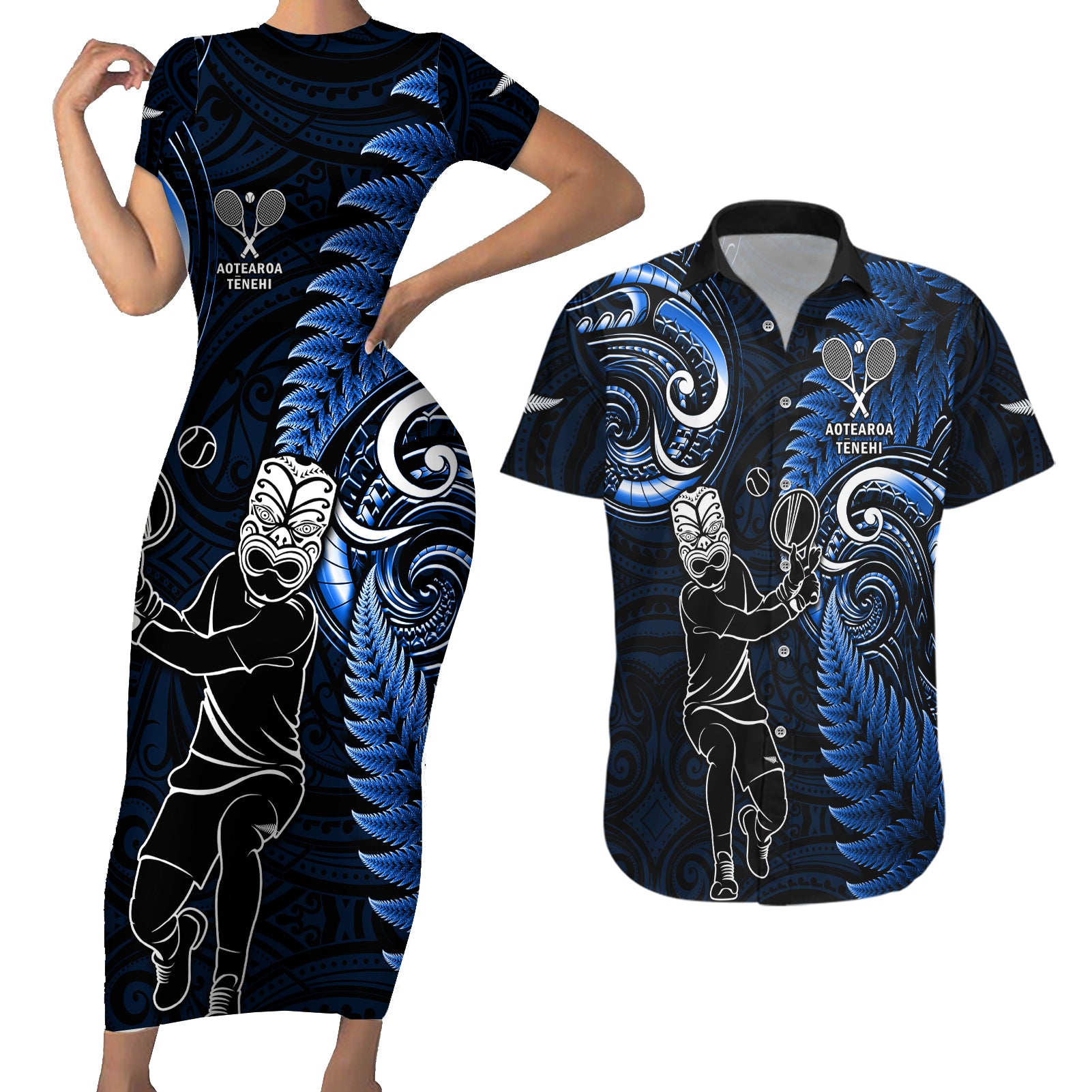 Custom New Zealand Tiki Tennis Couples Matching Short Sleeve Bodycon Dress and Hawaiian Shirt 2024 Aotearoa Tenehi Maori Silver Fern - Blue LT14 Blue - Polynesian Pride