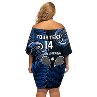 Custom New Zealand Tiki Tennis Family Matching Off Shoulder Short Dress and Hawaiian Shirt 2024 Aotearoa Tenehi Maori Silver Fern - Blue LT14 - Polynesian Pride
