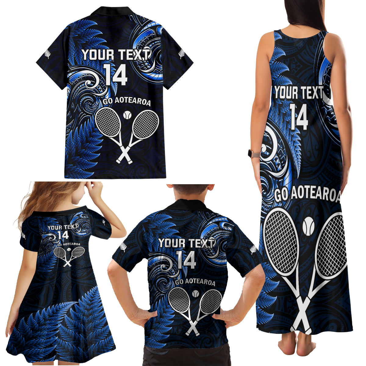 Custom New Zealand Tiki Tennis Family Matching Tank Maxi Dress and Hawaiian Shirt 2024 Aotearoa Tenehi Maori Silver Fern - Blue LT14 - Polynesian Pride