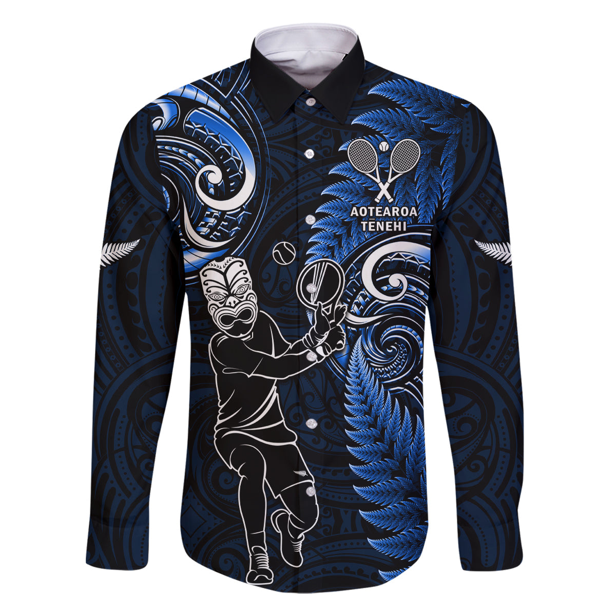 Custom New Zealand Tiki Tennis Family Matching Tank Maxi Dress and Hawaiian Shirt 2024 Aotearoa Tenehi Maori Silver Fern - Blue LT14 Dad's Shirt - Long Sleeve Blue - Polynesian Pride