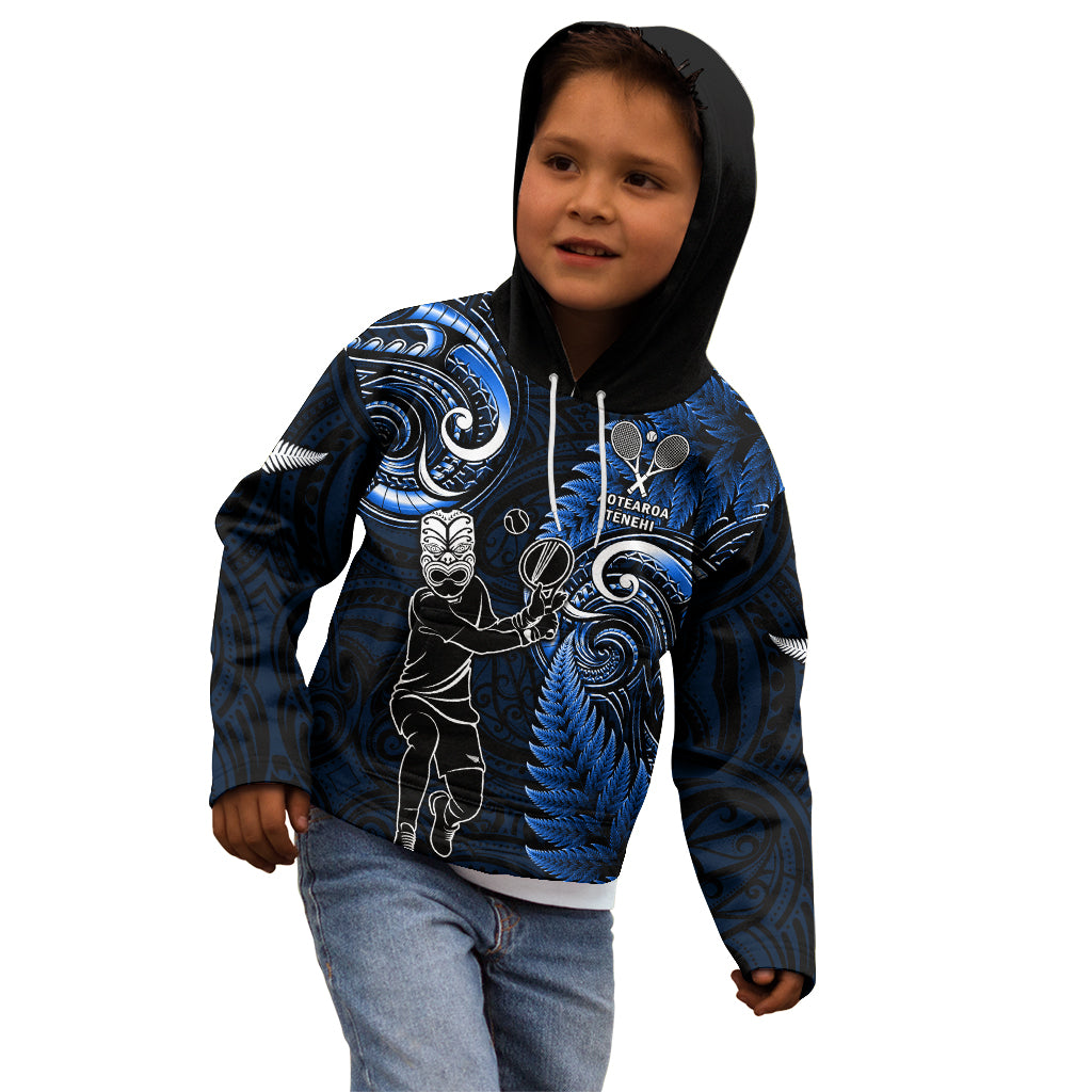 Custom New Zealand Tiki Tennis Kid Hoodie 2024 Aotearoa Tenehi Maori Silver Fern - Blue LT14 - Polynesian Pride