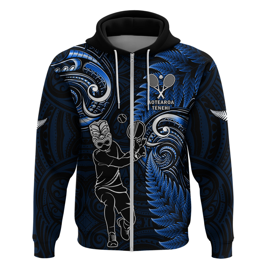 Custom New Zealand Tiki Tennis Zip Hoodie 2024 Aotearoa Tenehi Maori Silver Fern - Blue LT14 Zip Hoodie Blue - Polynesian Pride