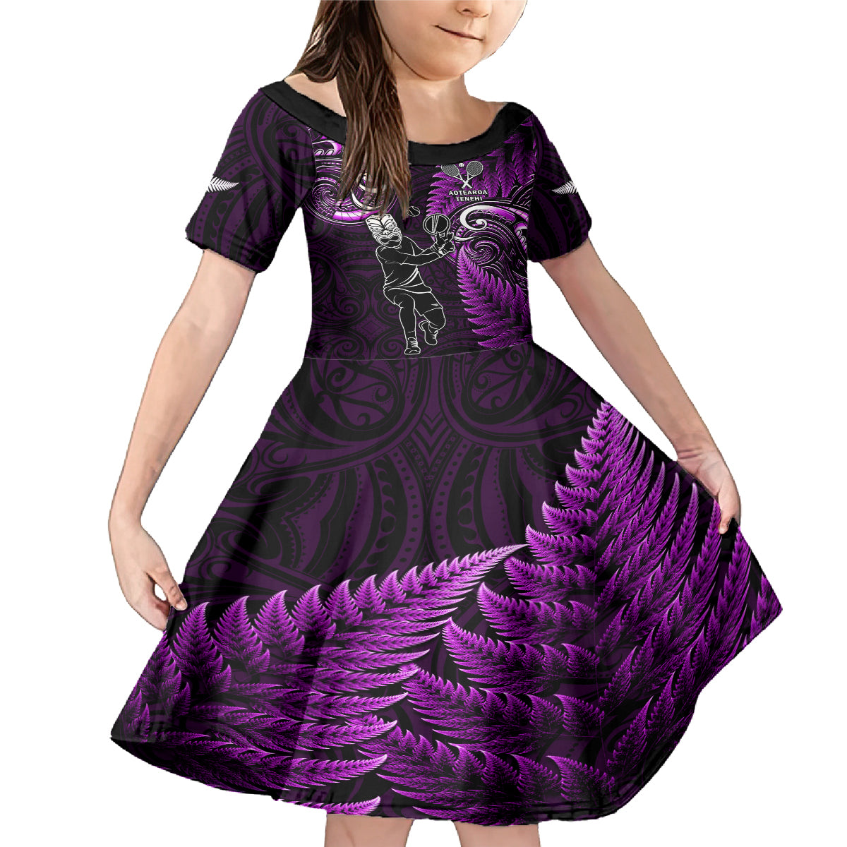 New Zealand Tiki Tennis Family Matching Mermaid Dress and Hawaiian Shirt 2024 Aotearoa Tenehi Maori Silver Fern - Purple LT14 Daughter's Dress Purple - Polynesian Pride