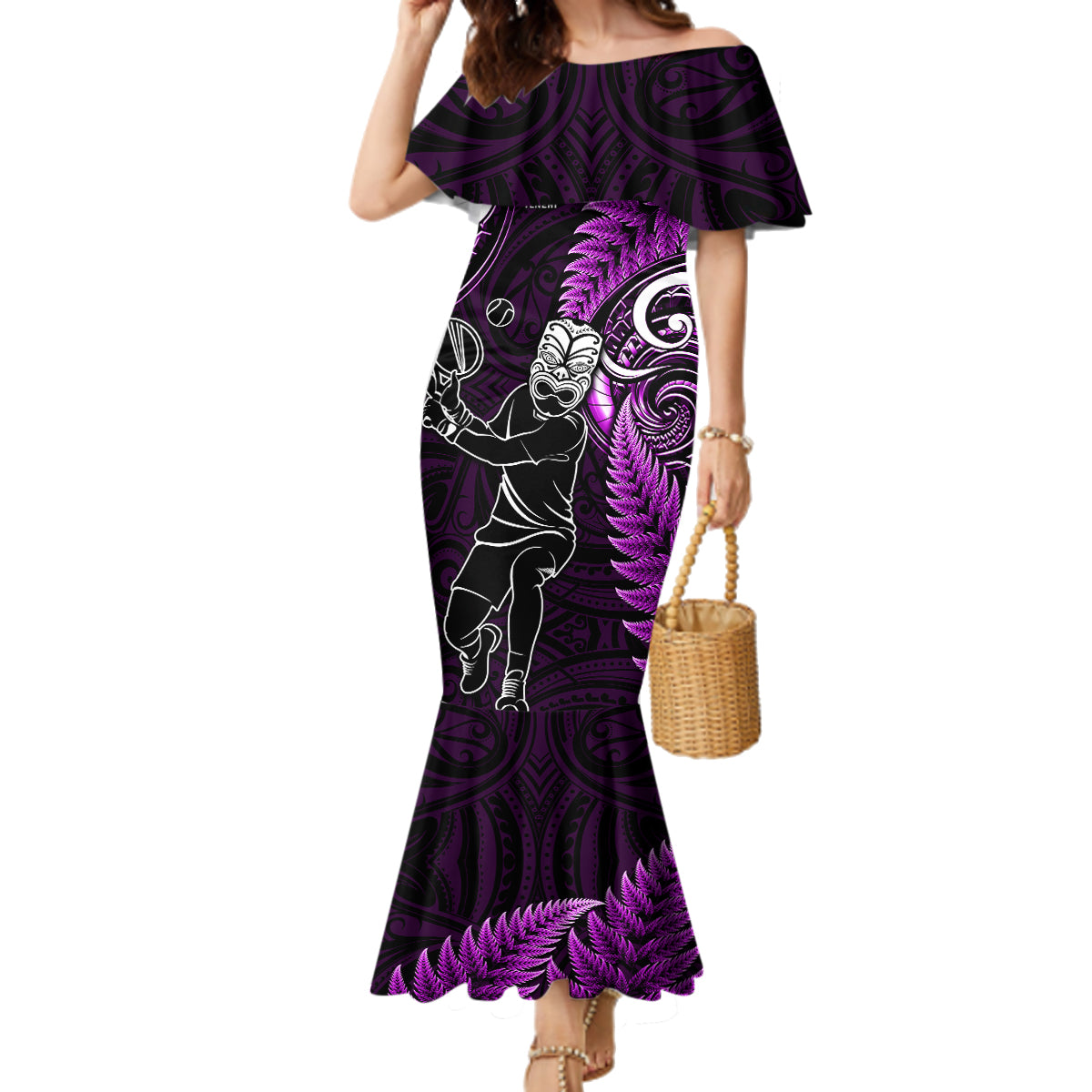 New Zealand Tiki Tennis Family Matching Mermaid Dress and Hawaiian Shirt 2024 Aotearoa Tenehi Maori Silver Fern - Purple LT14 Mom's Dress Purple - Polynesian Pride