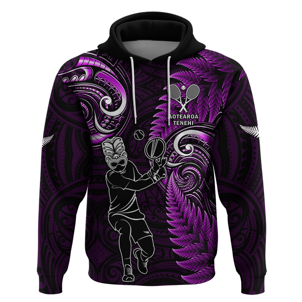 New Zealand Tiki Tennis Hoodie 2024 Aotearoa Tenehi Maori Silver Fern - Purple LT14 Pullover Hoodie Purple - Polynesian Pride