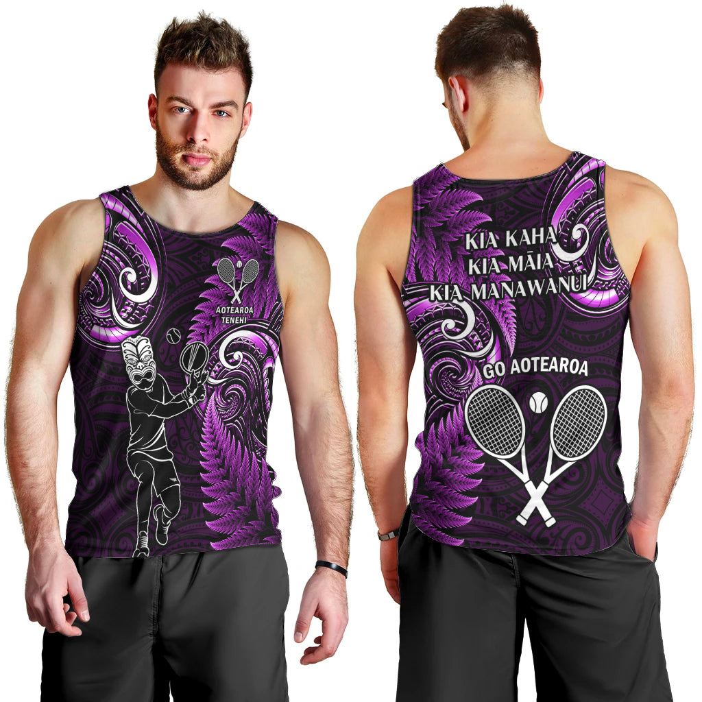 New Zealand Tiki Tennis Men Tank Top 2024 Aotearoa Tenehi Maori Silver Fern - Purple LT14 - Polynesian Pride