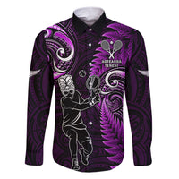 Custom New Zealand Tiki Tennis Family Matching Short Sleeve Bodycon Dress and Hawaiian Shirt 2024 Aotearoa Tenehi Maori Silver Fern - Purple LT14 Dad's Shirt - Long Sleeve Purple - Polynesian Pride