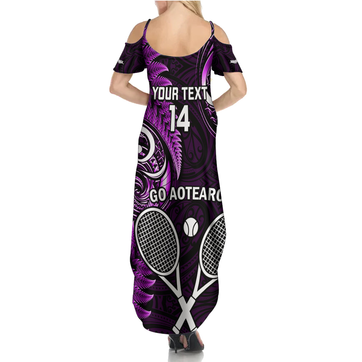 Custom New Zealand Tiki Tennis Family Matching Summer Maxi Dress and Hawaiian Shirt 2024 Aotearoa Tenehi Maori Silver Fern - Purple LT14 - Polynesian Pride