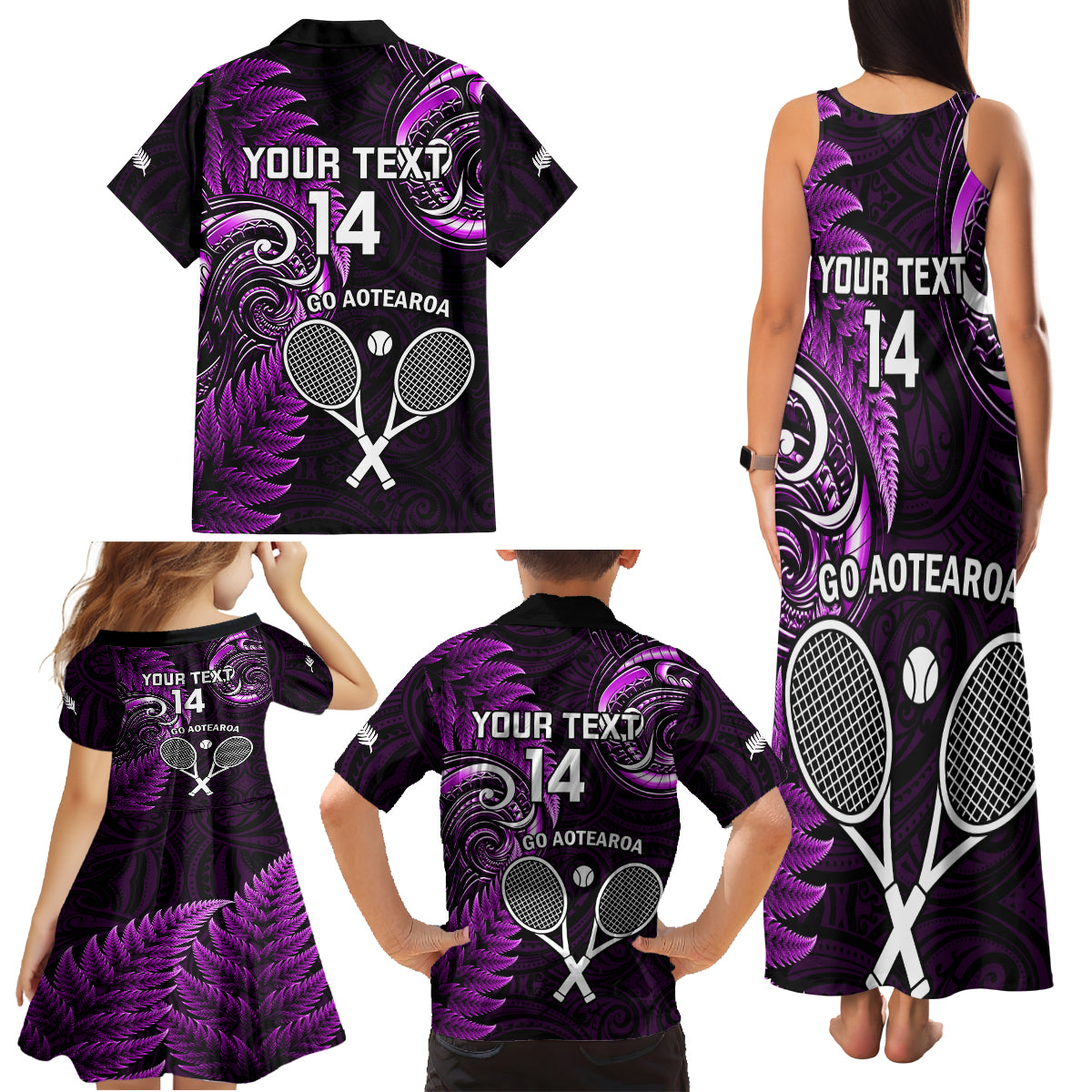 Custom New Zealand Tiki Tennis Family Matching Tank Maxi Dress and Hawaiian Shirt 2024 Aotearoa Tenehi Maori Silver Fern - Purple LT14 - Polynesian Pride