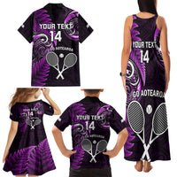 Custom New Zealand Tiki Tennis Family Matching Tank Maxi Dress and Hawaiian Shirt 2024 Aotearoa Tenehi Maori Silver Fern - Purple LT14 - Polynesian Pride