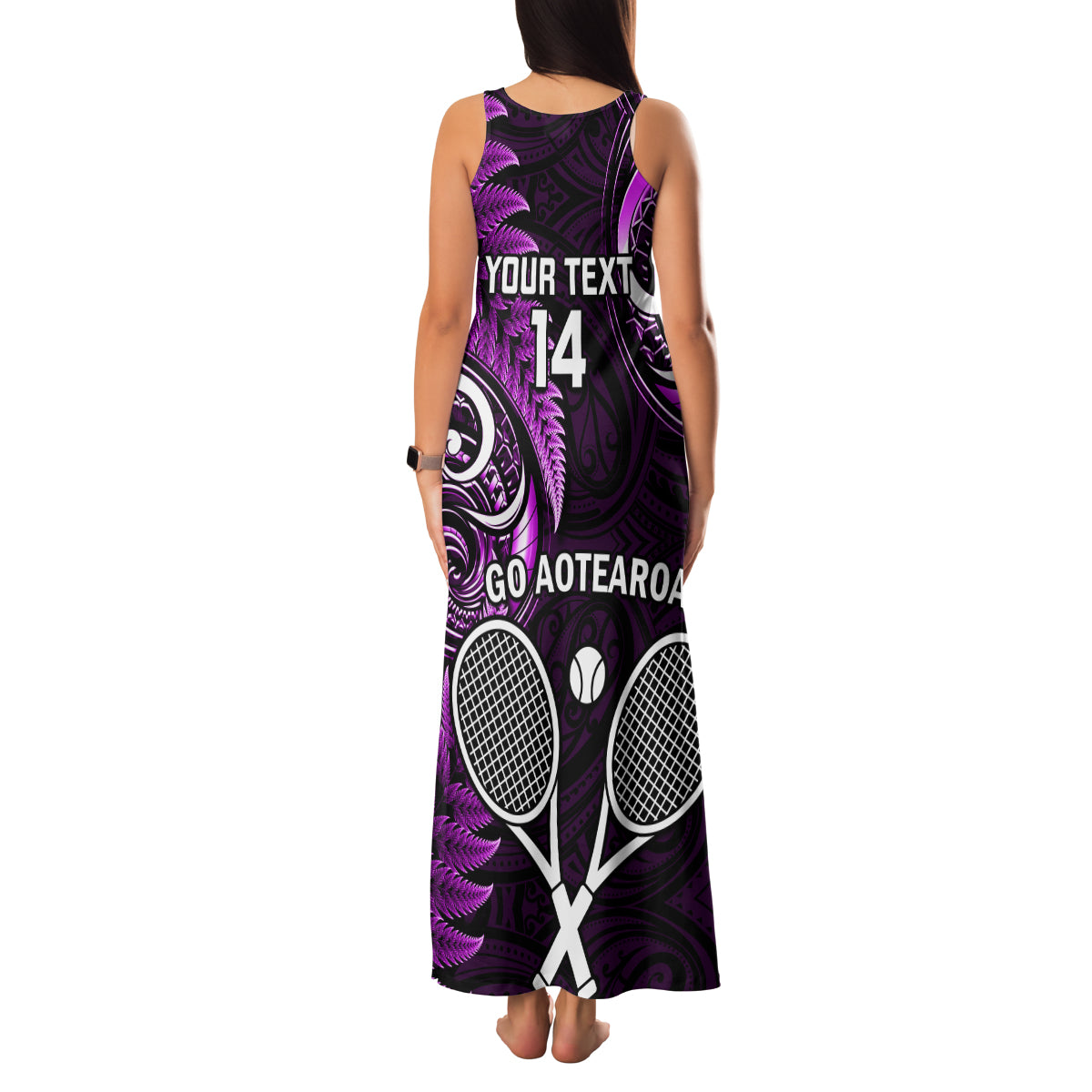 Custom New Zealand Tiki Tennis Family Matching Tank Maxi Dress and Hawaiian Shirt 2024 Aotearoa Tenehi Maori Silver Fern - Purple LT14 - Polynesian Pride