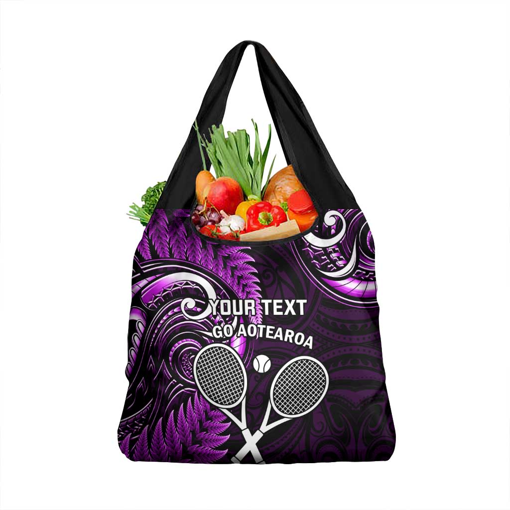 Custom New Zealand Tiki Tennis Grocery Bag Aotearoa Tenehi Maori Silver Fern - Purple