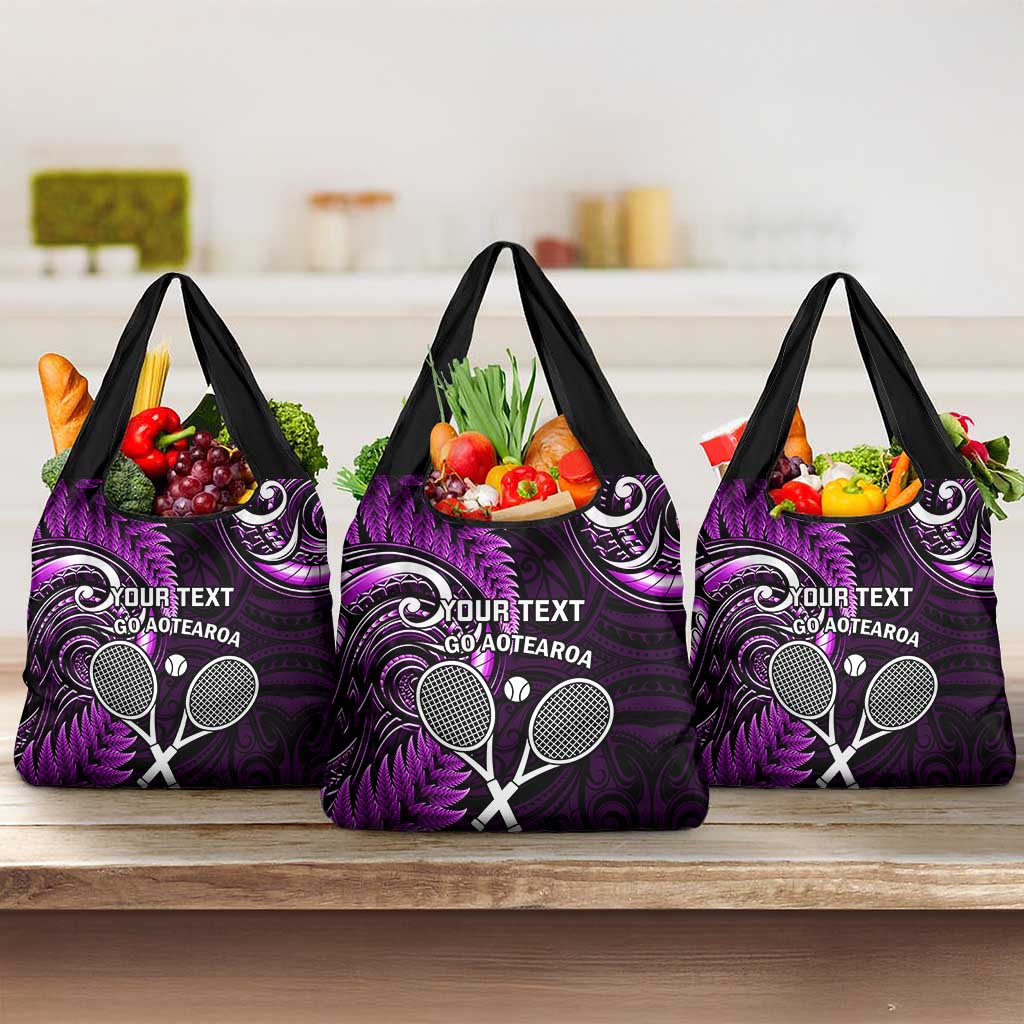 Custom New Zealand Tiki Tennis Grocery Bag Aotearoa Tenehi Maori Silver Fern - Purple